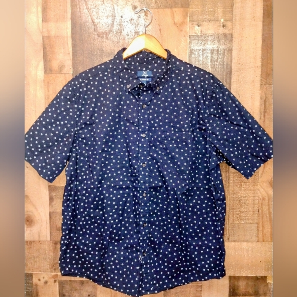 George Classic Fit Button Front Men's Short Sleeve Shirt Blue Dot Print Size XL